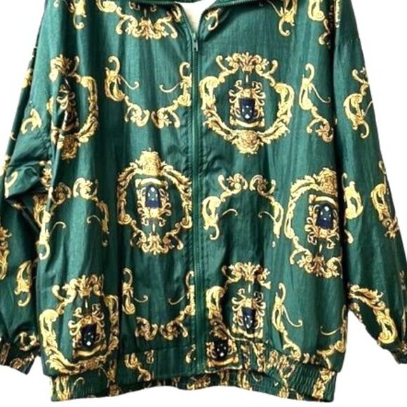 Vintage SLADE Green NYLON ORNATE BAROQUE PRINT LINED WINDBREAKER JACKET NWOT 1X - Picture 3 of 9